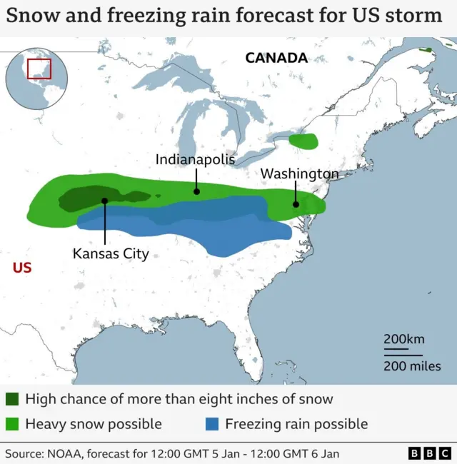 A graphic showing snow and freezing rain forecast for the US winter storm