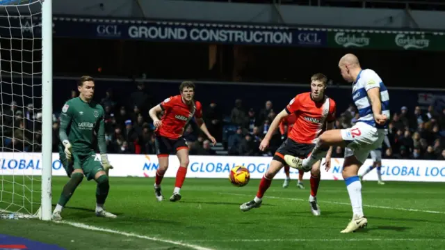 Michael Frey finishes past Luton's Thomas Kaminski to give QPR the lead