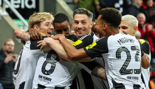 Newcastle United's Sandro Tonali celebrates scoring with teammates