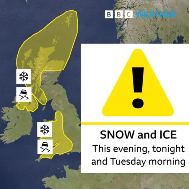 a map graphic showing yellow warnings across Scotland, Northern Ireland and Wales