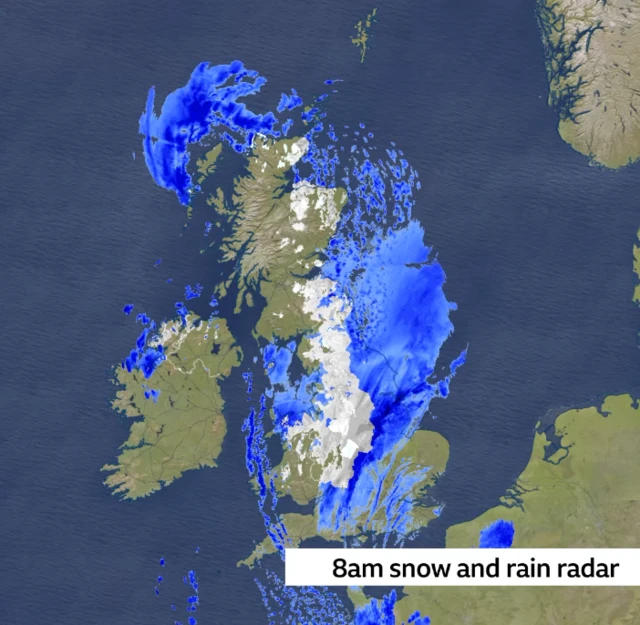 Weather radar map showing snow and rain across the UK