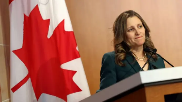 Canadian Finance Minister Chrystia Freeland delivers remarks during an event at the Peterson Institute for International Economics on April 12, 2023 in Washington, DC.