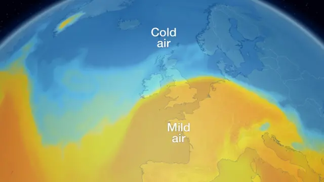 A map from BBC weather showing cold air and mild air over different parts of the UK