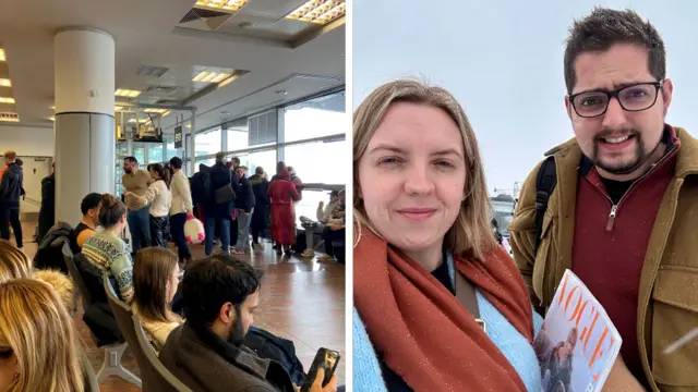 Airport waiting area full of people / woman and man smiling in snow