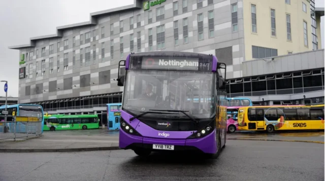 An image of a purple Trentbarton bus in Derby