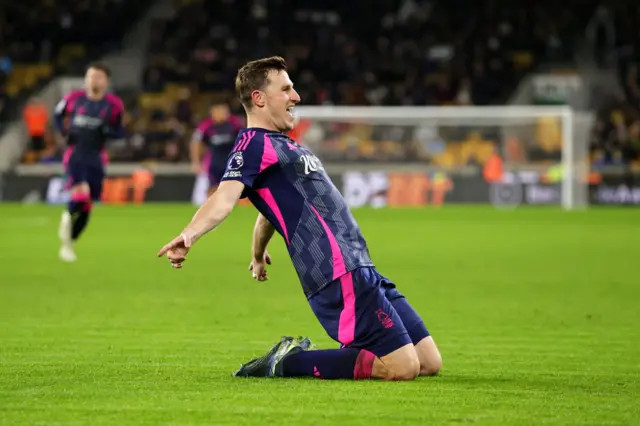 Chris Wood celebrates after scoring against Forest