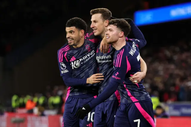 Forest players celebrate after going 2-0 up against Wolves