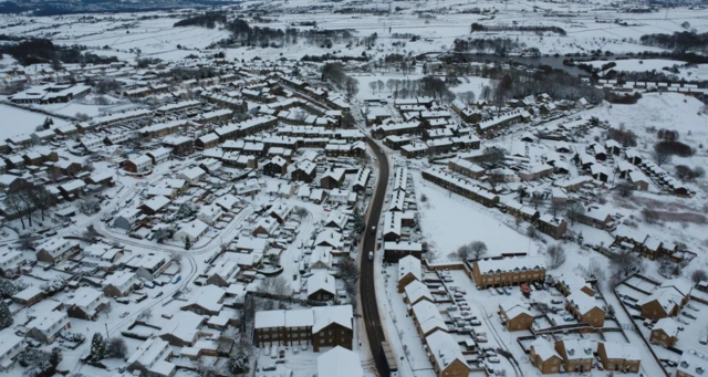 Snow covers the town of Denholme on the outskirts of Bradford