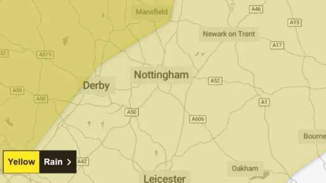 A map of the East Midlands with shaded yellow areas where the warning is in place