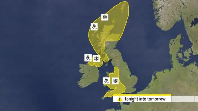 Graphic of UK map with weather warnings in place overnight and on Tuesday marked in yellow in three areas. One ice and snow warning covers the north-west of Scotland, the Highlands and Moray plus the north-east. Another ice and snow warning covers Northern Ireland. The final warning for ice and snow encompasses most of Wales, the East and West Midlands, north-west and south-west England, and the westernmost parts of south-east England