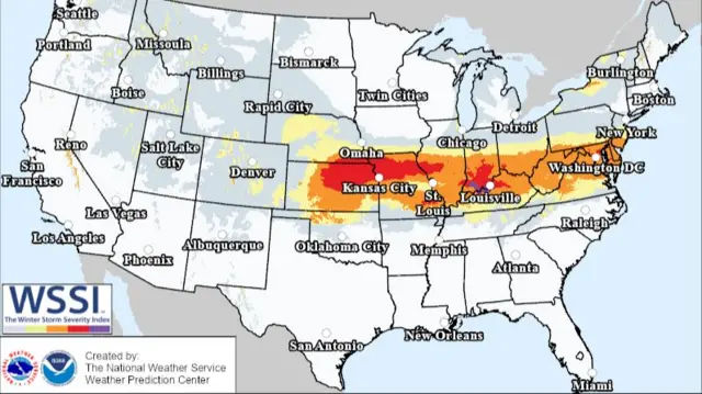 A map showing the severity of the storm