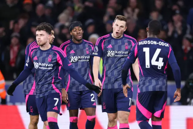 Forest players celebrate after going 2-0 up