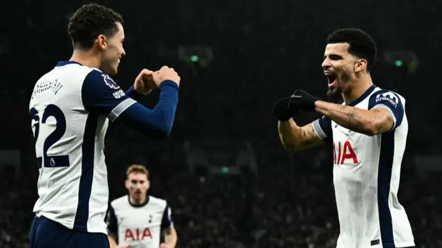 Dominic Solanke celebrates with Tottenham Hotspur's Brennan Johnson after scoring