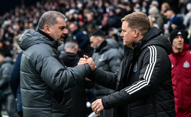 Ange Postecoglou shaking hands with Eddie Howe