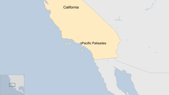 A map showing the state of California and the city of Pacific Palisades