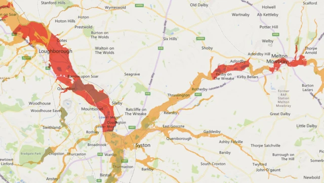 A map of Leicestershire showing areas where flood warnings and flood alerts are in place.