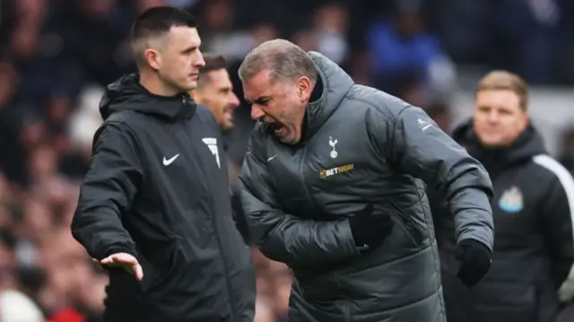 Ange Postecoglou, Manager of Tottenham Hotspur, reacts