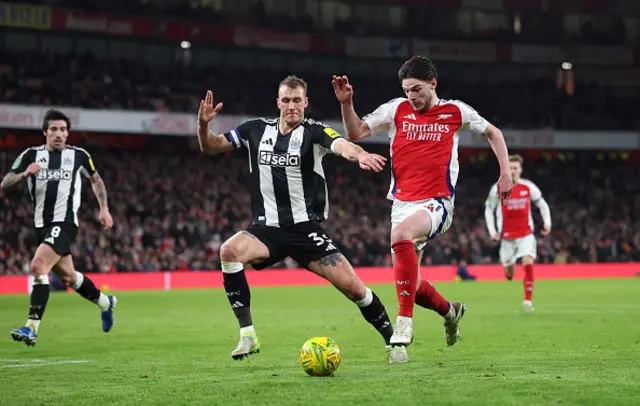 Declan Rice of Arsenal runs for the ball under pressure