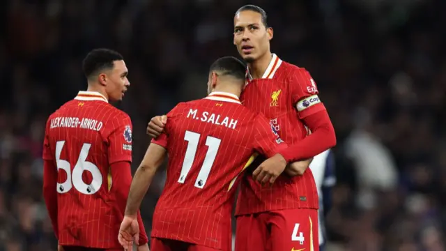 Mohamed Salah of Liverpool celebrates scoring with teammate Virgil van Dijk