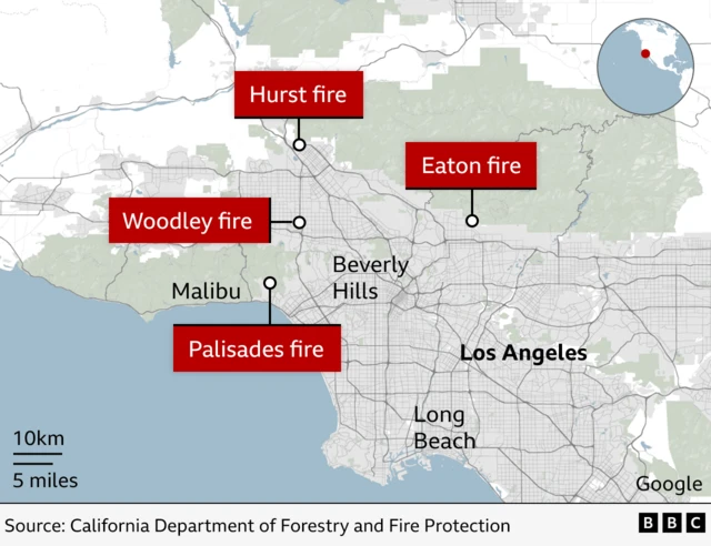 Map of LA fires