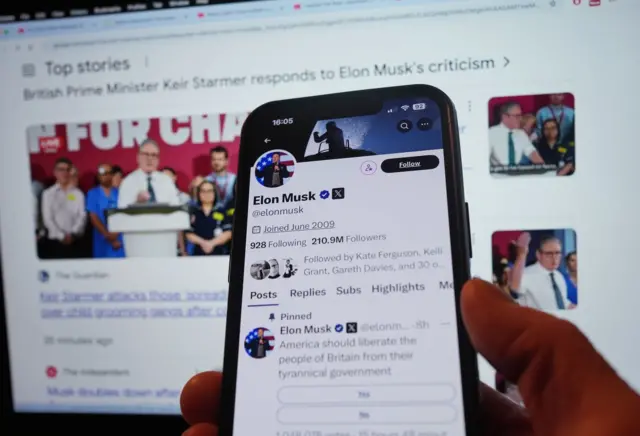 The official account of Elon Musk on social media app X (formerly Twitter), displaying a pinned post, a poll asking if 'America should liberate the people of Britain from their tyrannical government', on a mobile phone in London.