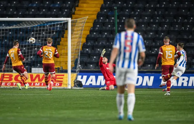 Kilmarnock's Brad Lyon's puts the ball in the net but it's ruled offside during a William Hill Premiership match between Kilmarnock and Motherwell