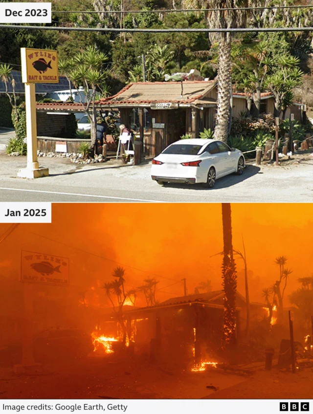 A fishing equipment shop before and after the fire. The before image shows a wooden shack store with a white car in front. The after image shows premises in flames with plumes of smoke.