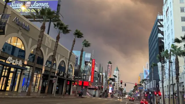 The BBC's David Willis photographed smoke from the wildfires above Hollywood Boulevard - one of the most famous streets in Los Angeles