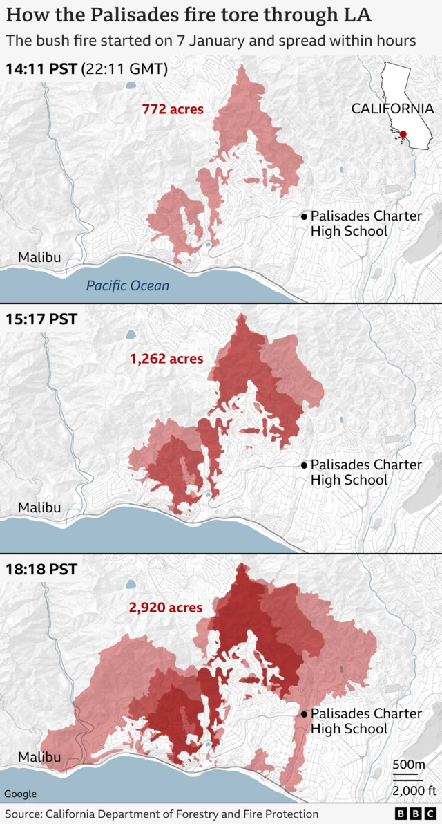 Three maps show the spread of LA's largest fire across the suburban Pacific Palisades region.