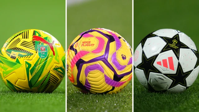 From left to right, the three balls used in this season's Carabao Cup, Premier League and Champions League