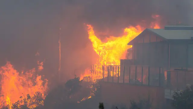 Flames rise as the Palisades fire burns during a weather driven windstorm on the west side of Los Angeles,