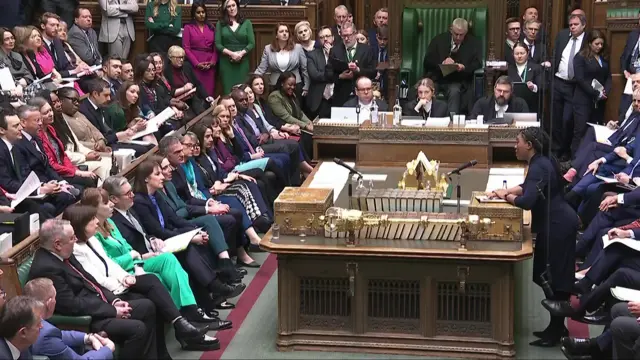 The Commons chamber, showing the frontbench and the opposition bench, with Badenoch on her feet