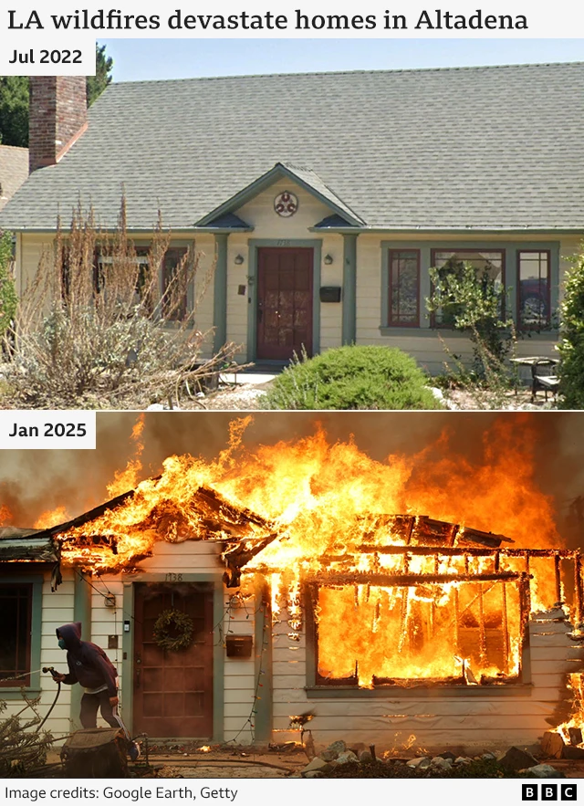 Before and after graphic with a picture of a house in July 2022 and another below it of the same house but on fire in January 2025.