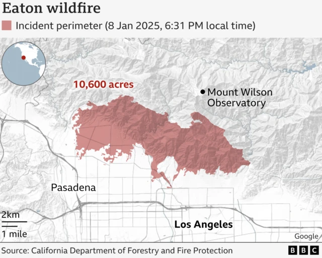 Map showing Eaton Wildfire