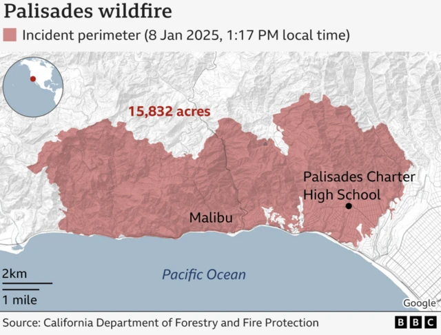Map showing Palisades wildfire.