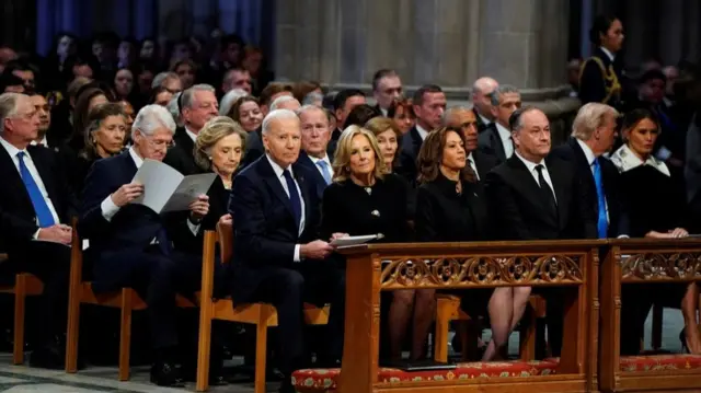 US President Joe Biden, US Vice President Kamala Harris, former US President Barack Obama, former US President Bill Clinton, former US President George W. Bush and US President-elect Donald Trump attend a service,