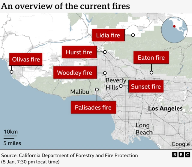 A map showing the location of the seven fires spread across LA