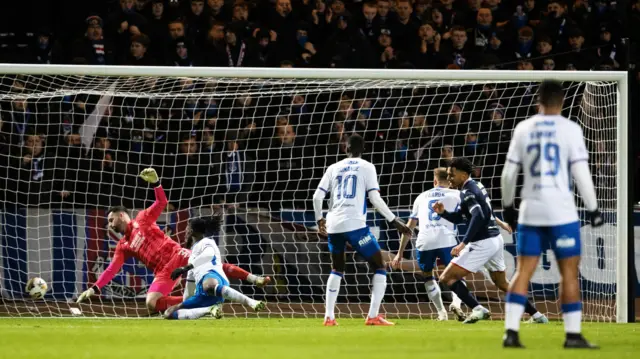 Dundee’s Oluwaseun Adewumi scores to make it 1-0 during a William Hill Premiership match between Dundee and Rangers  at The Scot Foam Stadium,