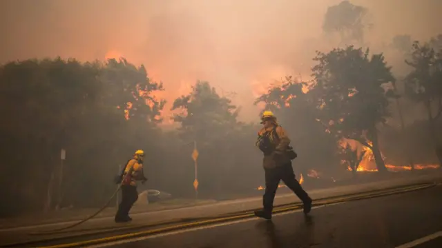 Firefighters battle flames on Sunset Boulevard as the Palisades Fire burns amid a powerful windstorm on January 7, 2025 in the Pacific Palisades neighborhood of Los Angeles, California