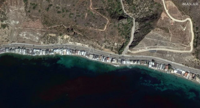 Satellite image of Pacific Coast Highway along the Malibu coastline before fires