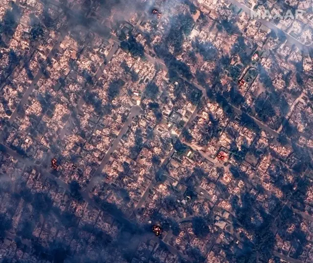 Satellite image of houses in Altadena after the fires