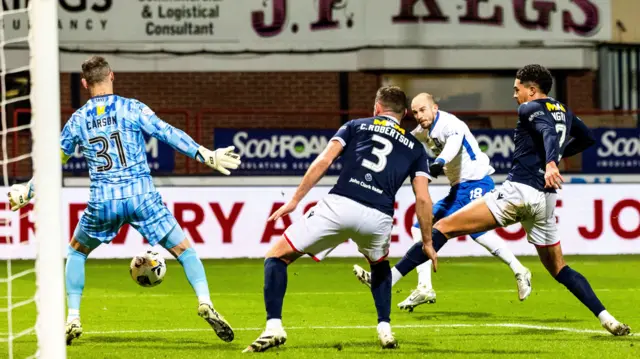 Rangers Vaclav Cerny scores to make it 1-1 during a William Hill Premiership match between Dundee and Rangers  at The Scot Foam Stadium