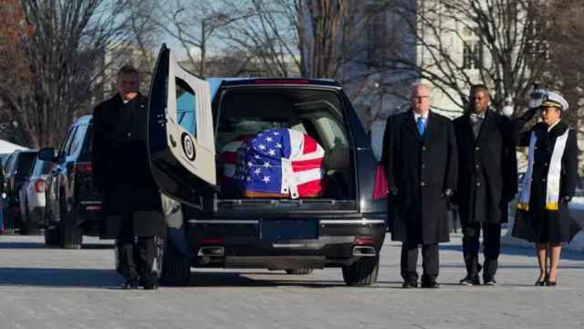 A hearse carries the casket of late former US President Jimmy Carter in Washington, DC, US, on Thursday, Jan. 9, 2025.