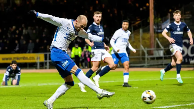 Rangers Vaclav Cerny scores to make it 1-1 during a William Hill Premiership match between Dundee and Rangers  at The Scot Foam Stadium