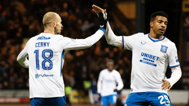 Rangers' Vaclav Cerny (L) celebrates with Hamza Igamane (R) after scoring to make it 1-1 during a William Hill Premiership match between Dundee and Rangers  at The Scot Foam Stadium