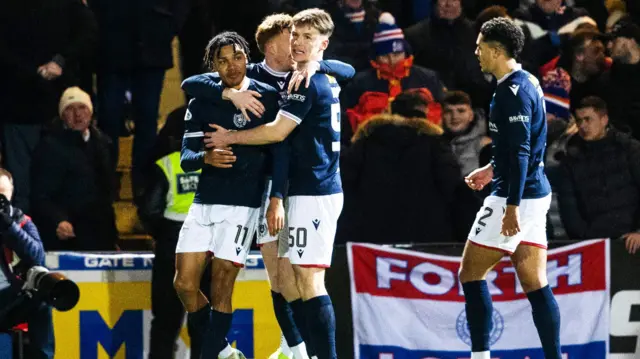 Dundee’s Oluwaseun Adewumi celebrates after scoring to make it 1-0 during a William Hill Premiership match between Dundee and Rangers  at The Scot Foam Stadium