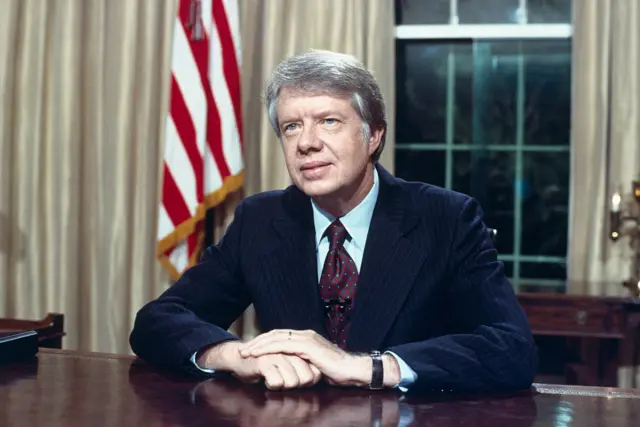 Carter pictured as he is about to address the nation from the White House in 1977