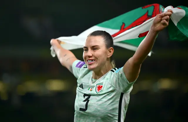 Wales' Gemma Evans celebrates them qualifying for the Euros