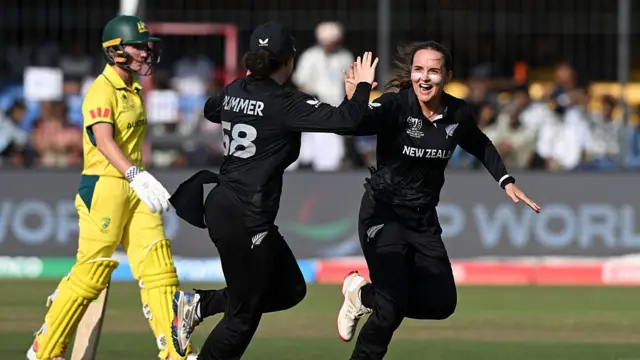 Melie Kerr of New Zealand celebrates with team mate Georgia Plimmer after taking the wicket of Annabel Sutherland of Australia
