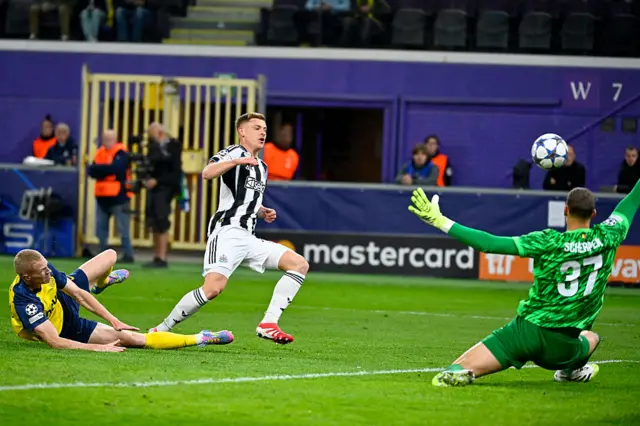 Harvey Barnes scores his team's fourth goal during the UEFA Champions League,
